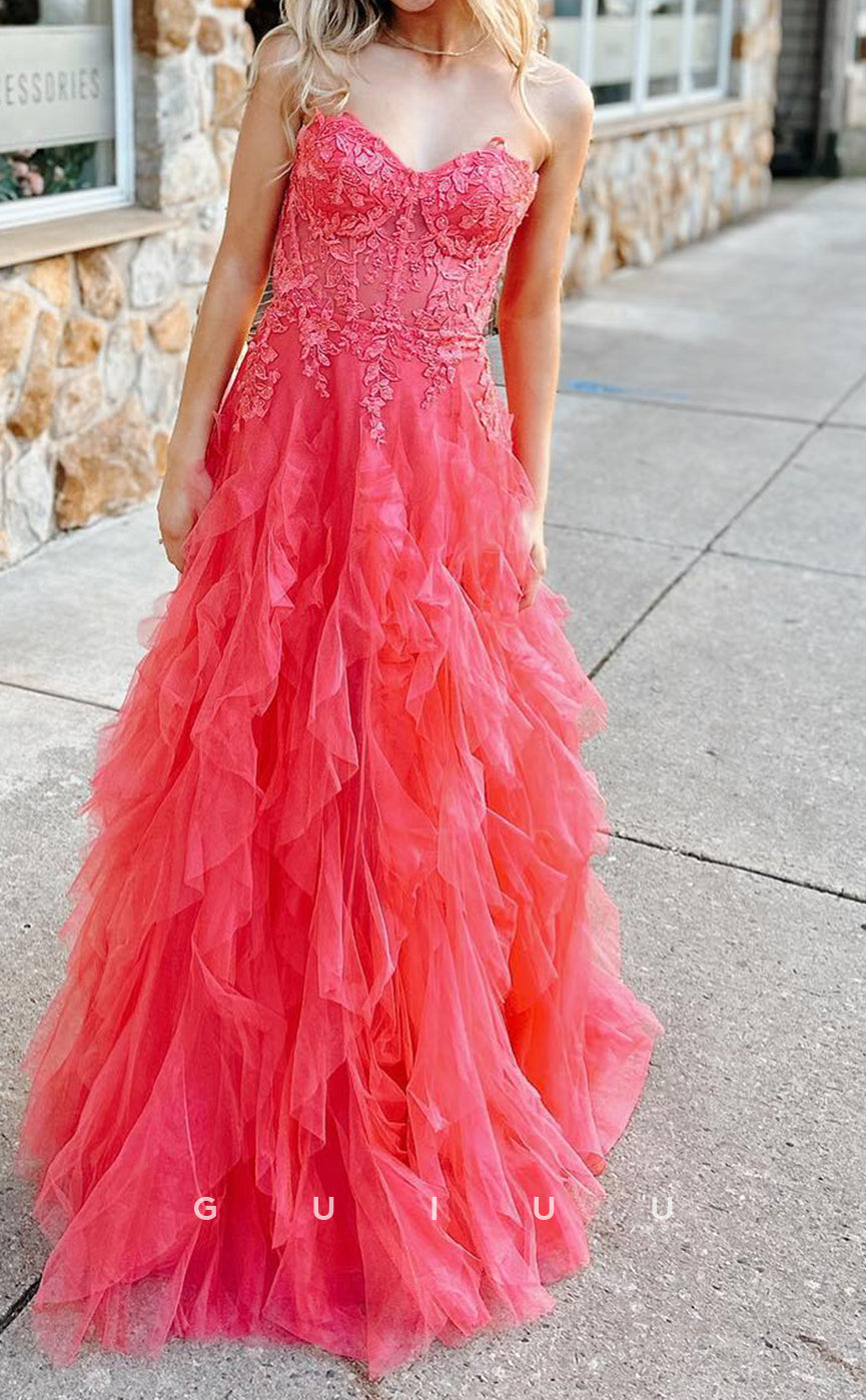 G2619 -  A-Lin Strapless Straps Sleeveless Appliques Tulle Tiered Lace Up Long Prom Dress with Train