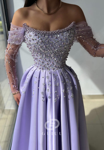 G4728 - A-Line Boat Neck Off Shoulder Long Sleeves Pearls Beadd Long Prom Dress