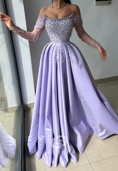 G4728 - A-Line Boat Neck Off Shoulder Long Sleeves Pearls Beadd Long Prom Dress