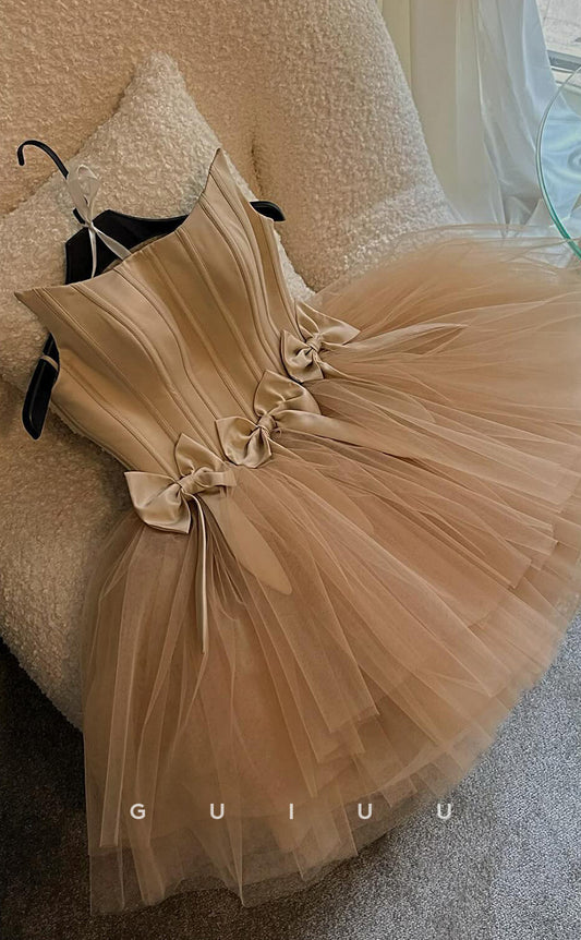 GH941 - A-Line Boat Neck Sleeveless Tulle Tiered Homecoming Dress with Bow Knots