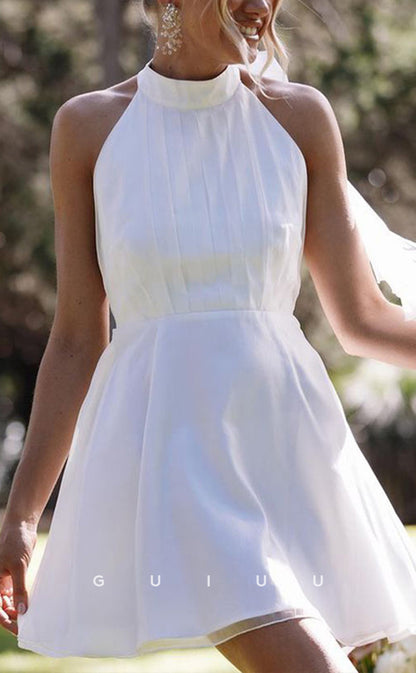 GW1055 - Simple A-Line Halter Sleeveless Pleated Open Back Mini Wedding Dress