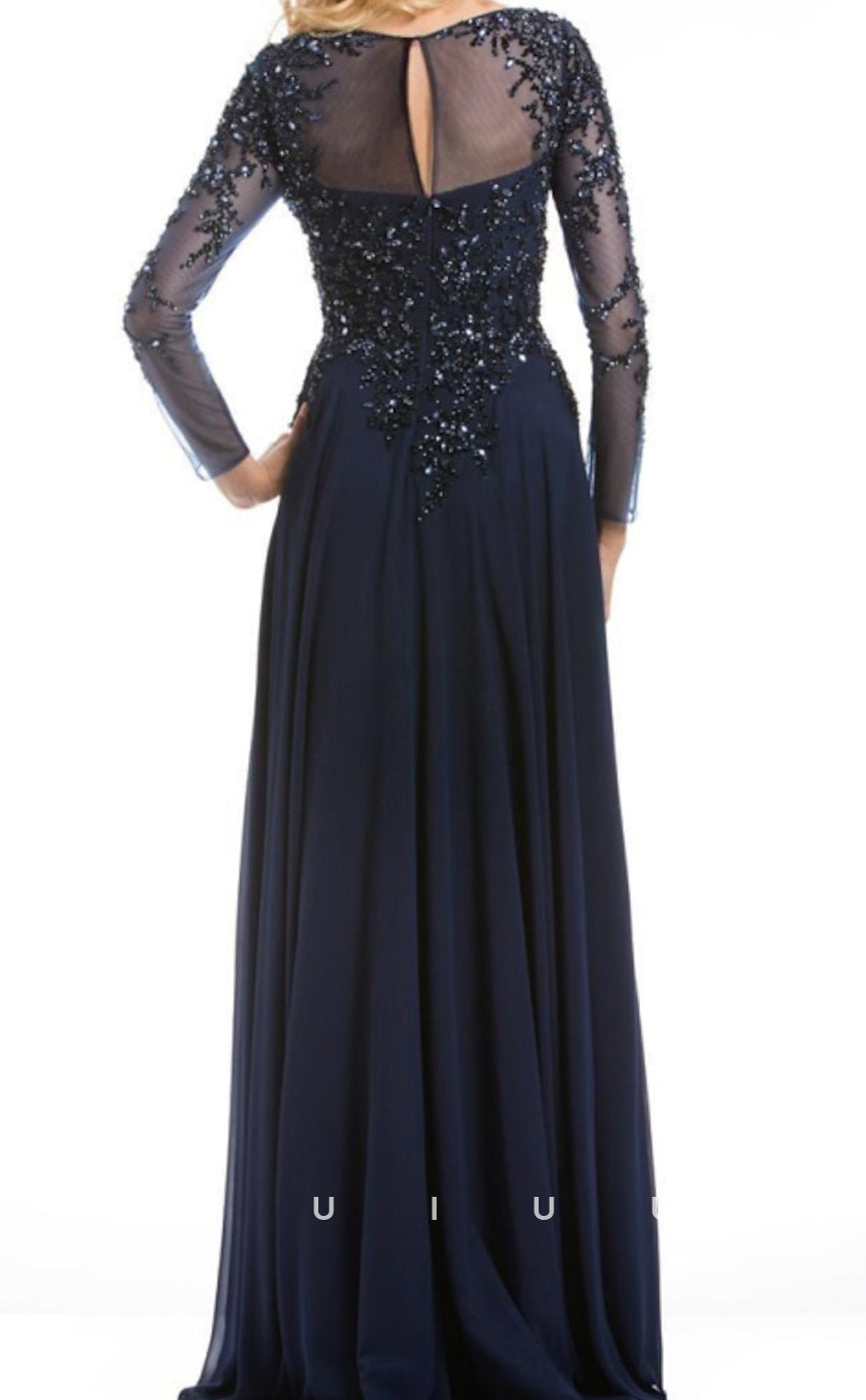 GM068 - A-Line Illusion Neck Floor Length Long Sleeve Appliques ChiffonMother of the Bride Dress