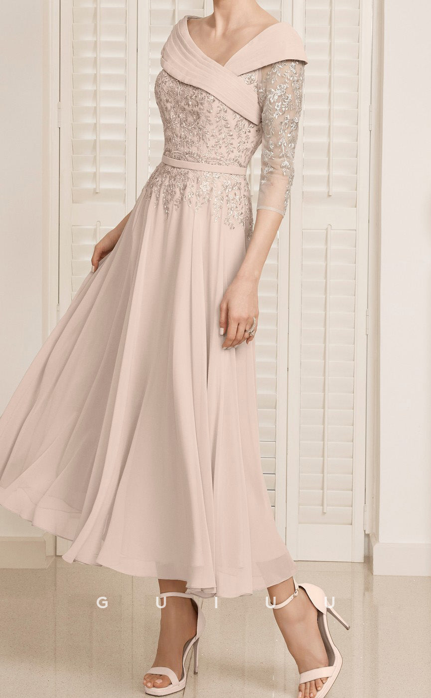 GM145 - A-Line Off Shoulder 34 Length Sleeves Pleated Appliqes Chiffon Mother of Bride Dress