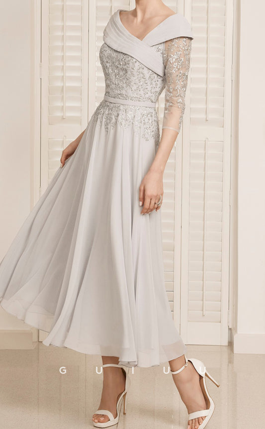 GM145 - A-Line Off Shoulder 34 Length Sleeves Pleated Appliqes Chiffon Mother of Bride Dress