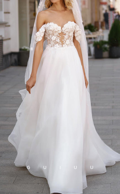 GW1048 - A-Line Off Shoulder Appliques Back Zipper Boho Wedding Dress with Veil