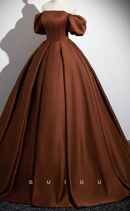 G3061 - A-Line Off Shoulder Chocolact Stain Pleated Long Prom Evening Gown