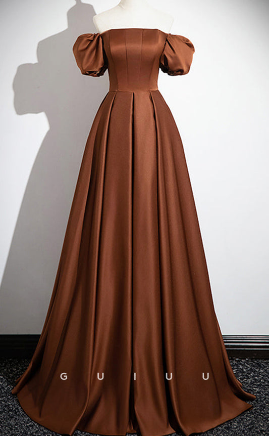 G3061 - A-Line Off Shoulder Chocolact Stain Pleated Long Prom Evening Gown