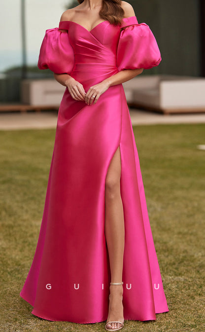 GM241 - A-Line Off Shoulder Detachable Sleeves Pleated Long Wedding Guest Dress Cocktail Dress