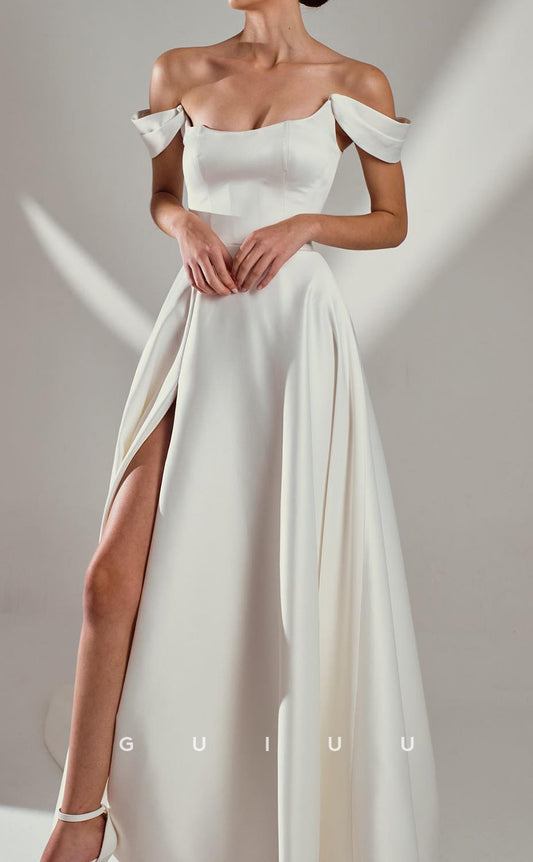 GW967 - A-Line Off Shoulder High Side Slit Stain Wedding Dress