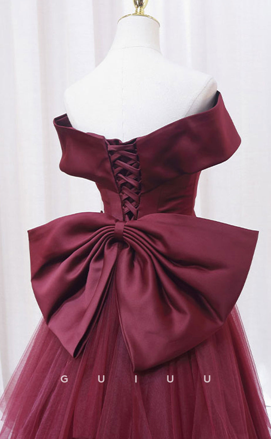 G3063 -  A-Line Off Shoulder Lace Up Wine Red Tulle Long Prom Evening Dress with Train