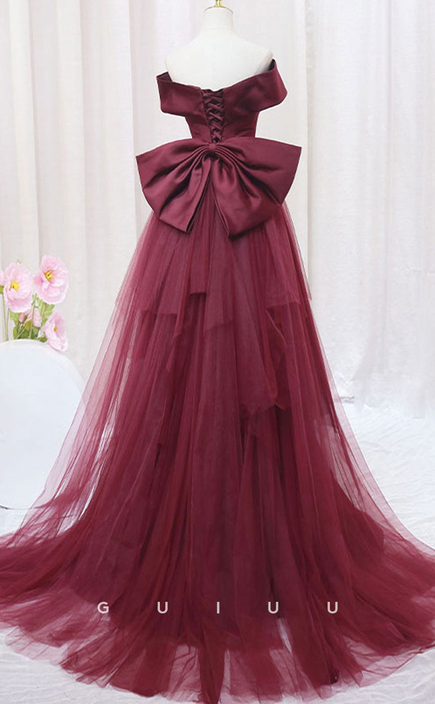 G3063 -  A-Line Off Shoulder Lace Up Wine Red Tulle Long Prom Evening Dress with Train