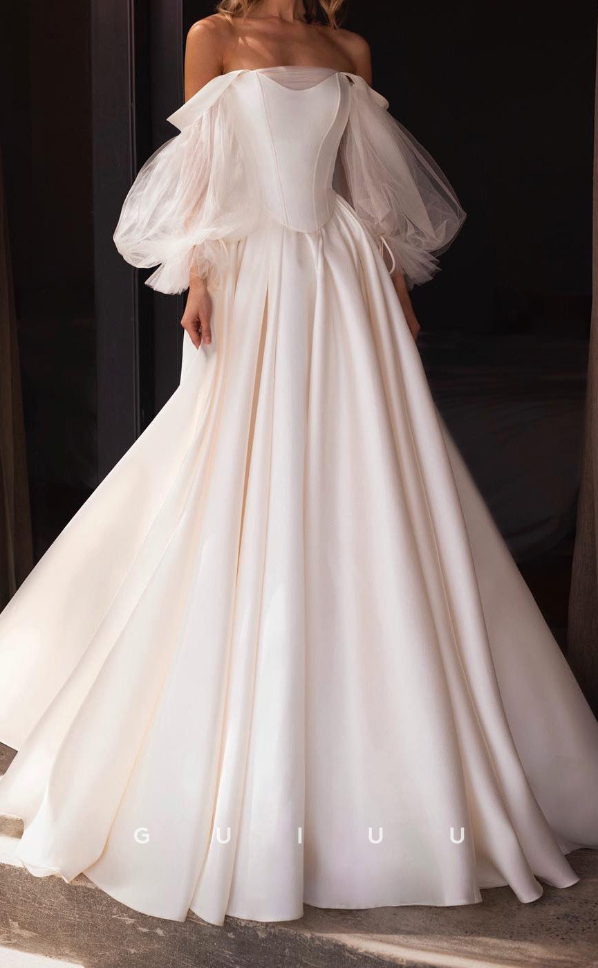 GW1021 - A-Line Off Shoulder Long Sleeves Pleated Stain Weding Dress with Train