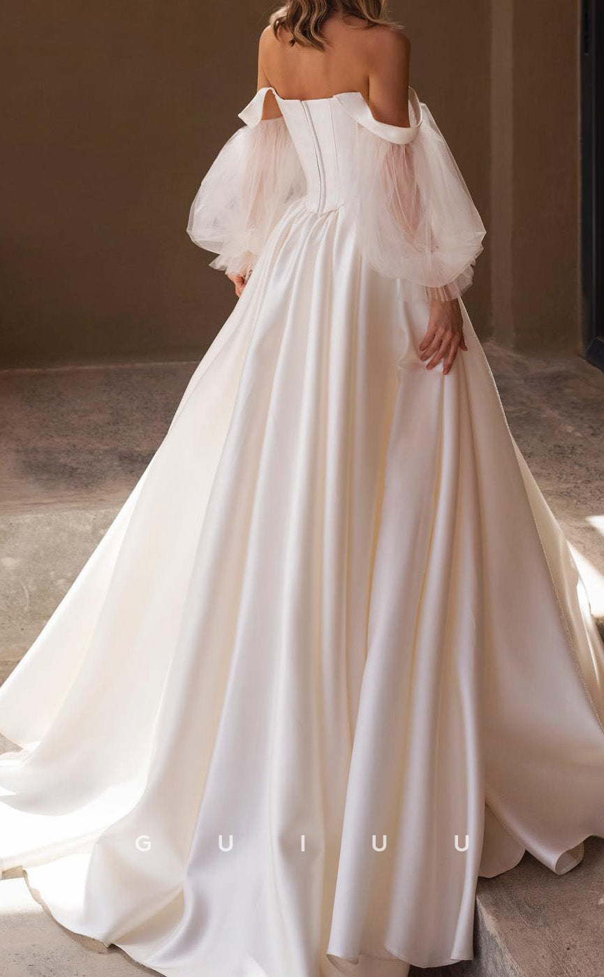 GW1021 - A-Line Off Shoulder Long Sleeves Pleated Stain Weding Dress with Train