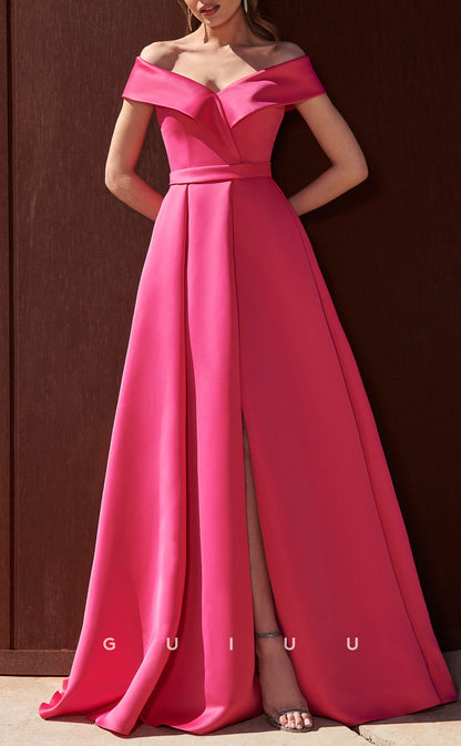 GM293 - A-Line Off Shoulder Pleated Back Zipper Long Cocktail Dress with Slit