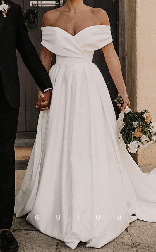 GW968 - A-Line Off Shoulder Pleated Stain Wedding Dress with Court Train