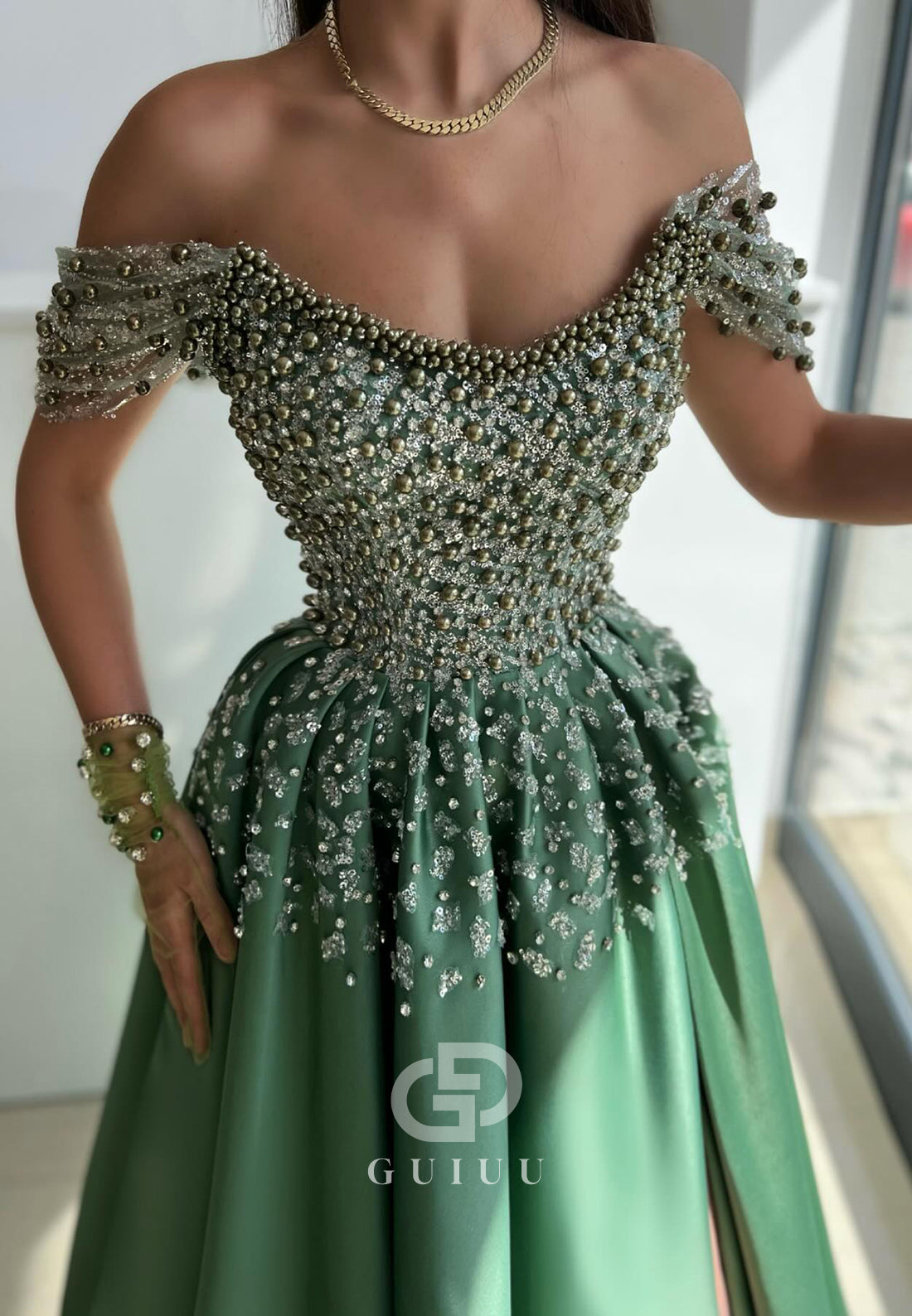 G4727 - A-Line Off Shoulder Short Sleeves Beaded Sequines Satin Long Prom Dress