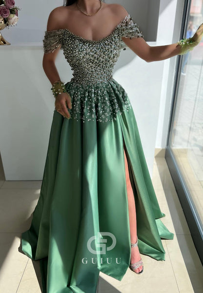 G4727 - A-Line Off Shoulder Short Sleeves Beaded Sequines Satin Long Prom Dress