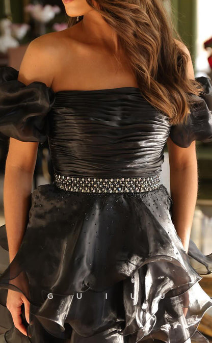 GH892 - A-Line Off Shoulder Short Sleeves Pleated Ruched Beaded Homecoming Dress