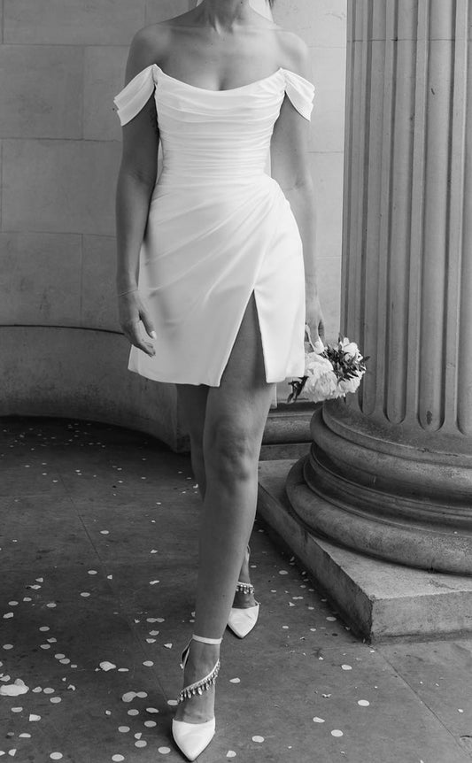 GW988 -  A-Line Off Shoulder Short Sleeves Ruched Side Slit Stain Mini Wedding Dress with Veil
