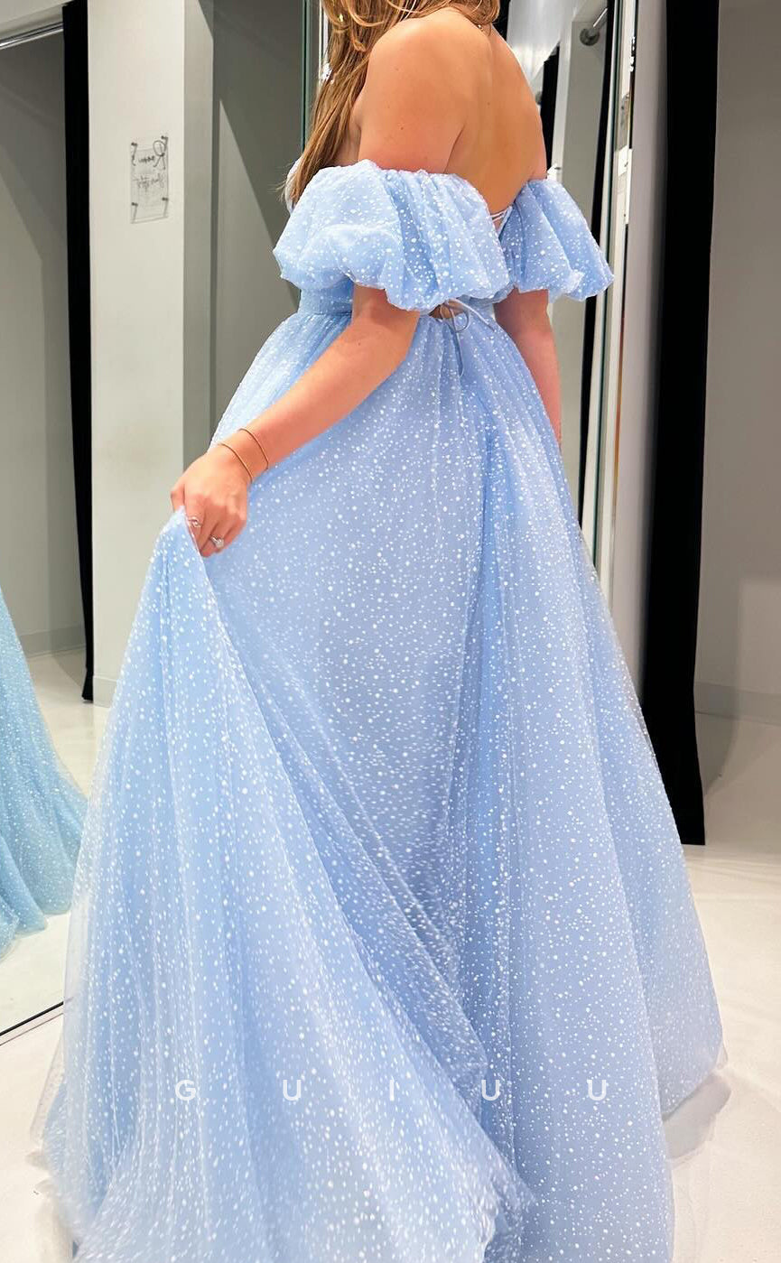 G3686 -A-Line Off Shoulder Sky Blue Tulle Long Prom Evening Gown with High Side Slit