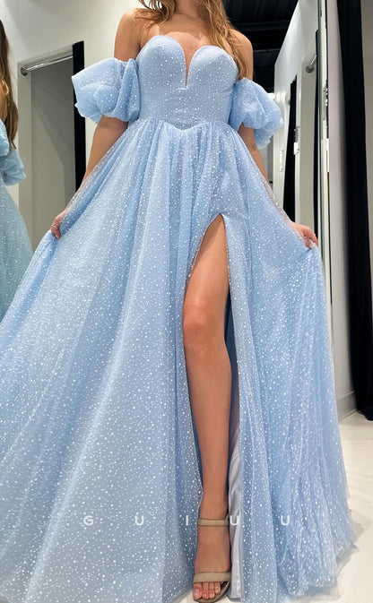 G3686 -A-Line Off Shoulder Sky Blue Tulle Long Prom Evening Gown with High Side Slit