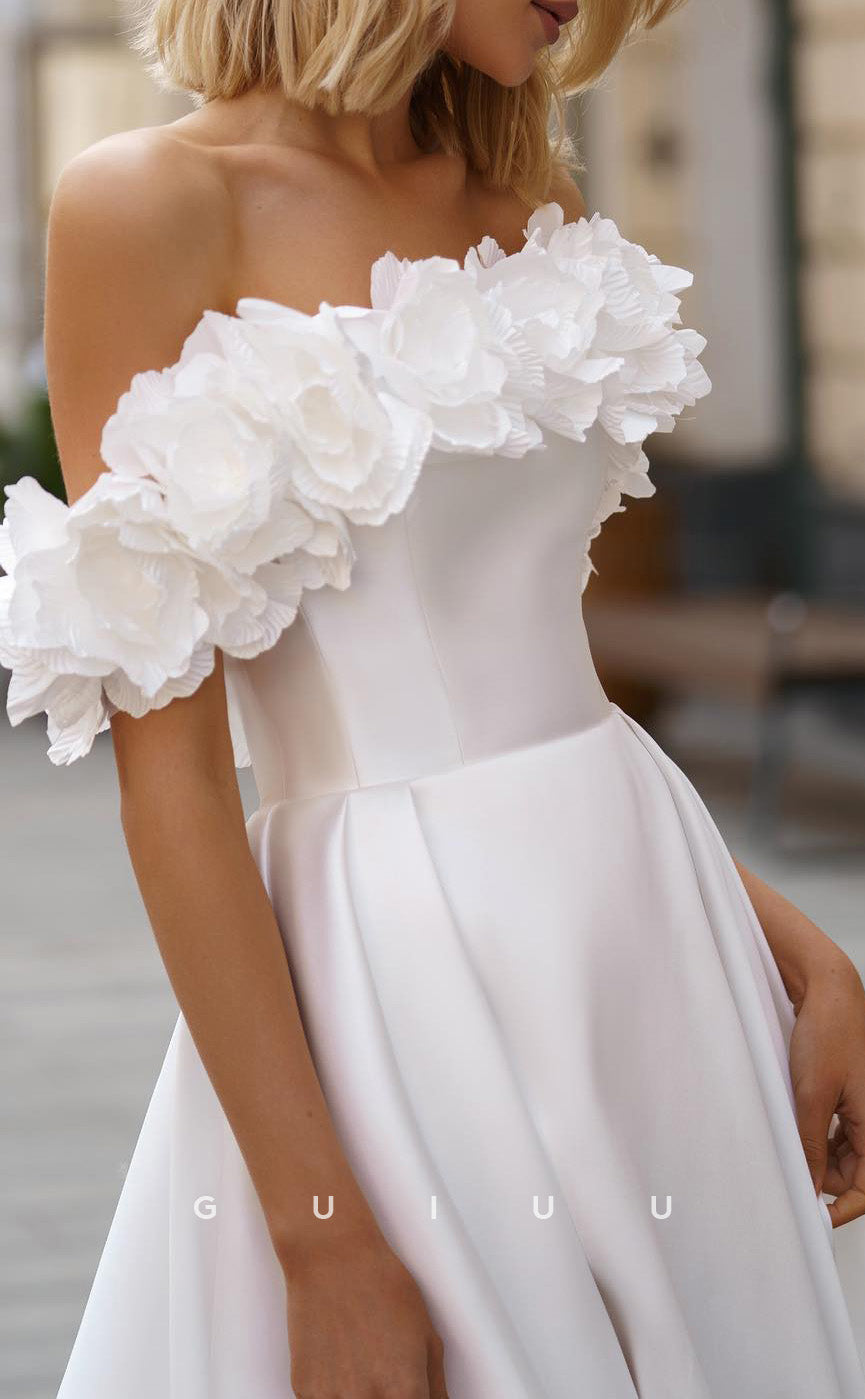 GW1020 - A-Line Off Shoulder Sleeveless Pleated Flower High Side Slit Stain Wedding Dress