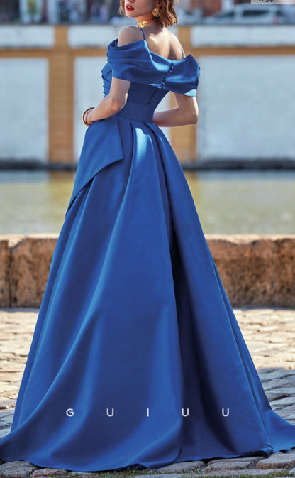 GM284 - A-Line Off Shoulder Sleeveless Pleated Long Cocktail Dress with Slit and Belt