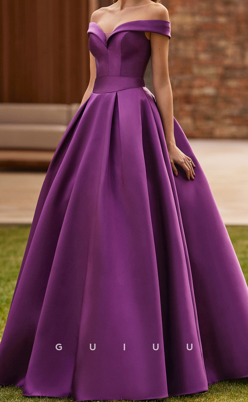 GM240 - A-Line Off Shoulder Sleeveless Pleated Long Wedding Guest Dress Cocktail Dress