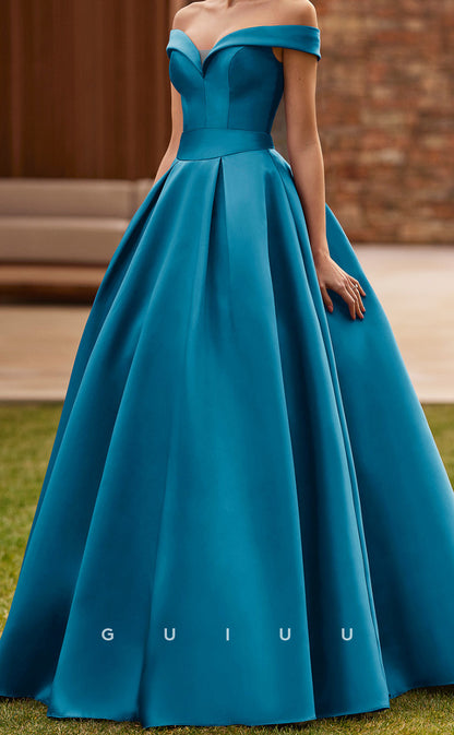 GM240 - A-Line Off Shoulder Sleeveless Pleated Long Wedding Guest Dress Cocktail Dress