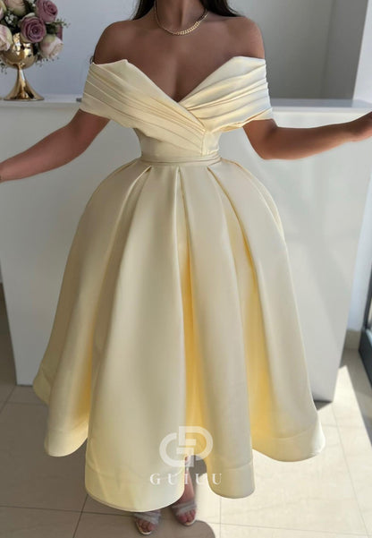 G4730 - A-Line Off Shoulder Sleeveless Pleated Tea Length Prom Dress