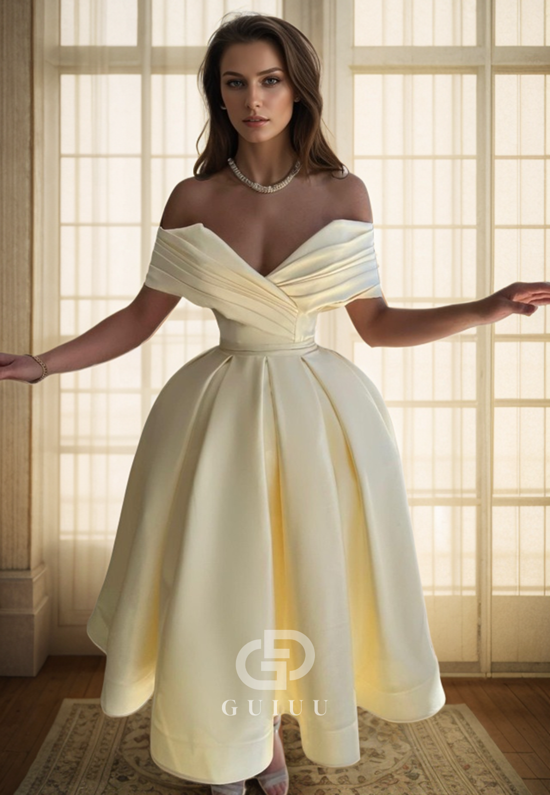 G4730 - A-Line Off Shoulder Sleeveless Pleated Tea Length Prom Dress