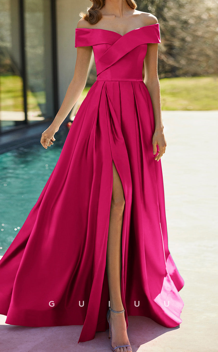 GM250 - A-Line Off Shoulder Sleeveless Pleated Wedding Guest Dress Cocktail Dress with Slit