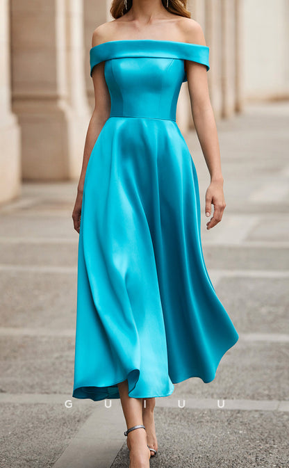 GM222 - A-Line Off Shoulder Sleeveless Stain Lake Blue Wedding Guest Dress Cocktail Dress