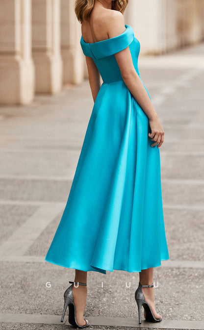 GM222 - A-Line Off Shoulder Sleeveless Stain Lake Blue Wedding Guest Dress Cocktail Dress