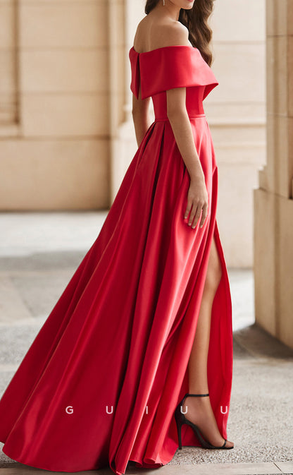 GM227 - A-Line Off Shoulder Sleeveless Stain Wedding Guest Dress Cocktail Dress with High Side Slit