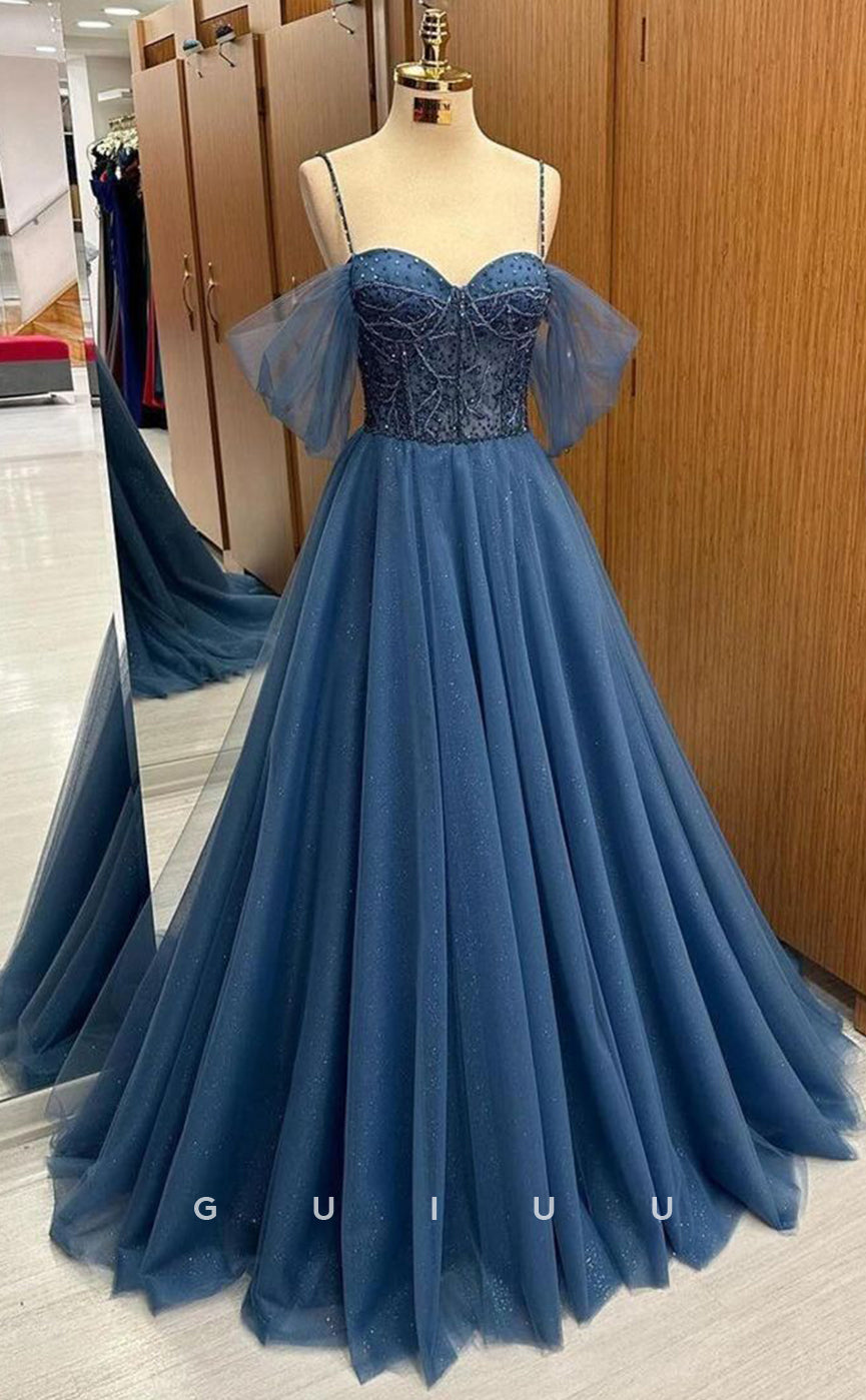 G4218 - A-Line Off Shoulder Strapless Straps Half Sleeves Sequined Beaded Tulle Long Prom Dress