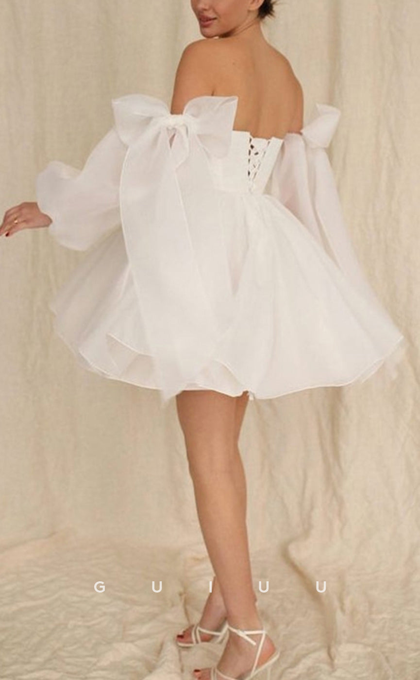 GW1065 - A-Line Off Shouldr Long Sleeves Mesh Lace Up Mini Wedding Dress with Bow Knot