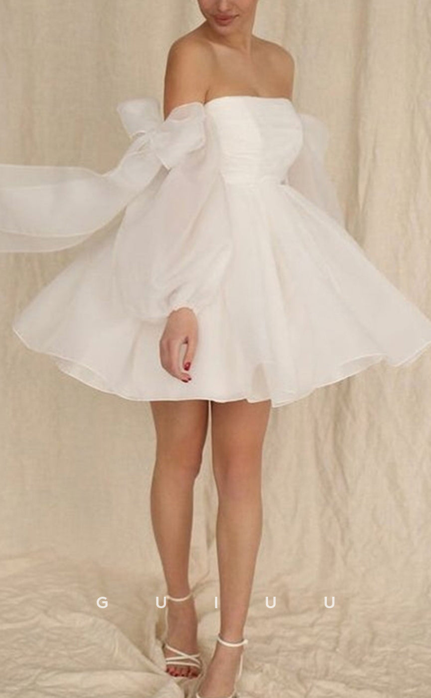 GW1065 - A-Line Off Shouldr Long Sleeves Mesh Lace Up Mini Wedding Dress with Bow Knot