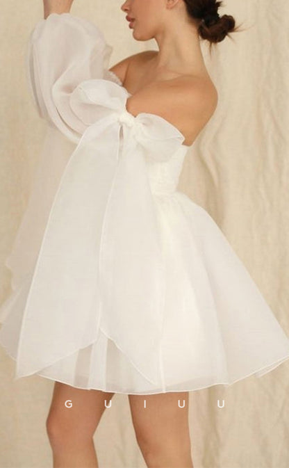 GW1065 - A-Line Off Shouldr Long Sleeves Mesh Lace Up Mini Wedding Dress with Bow Knot