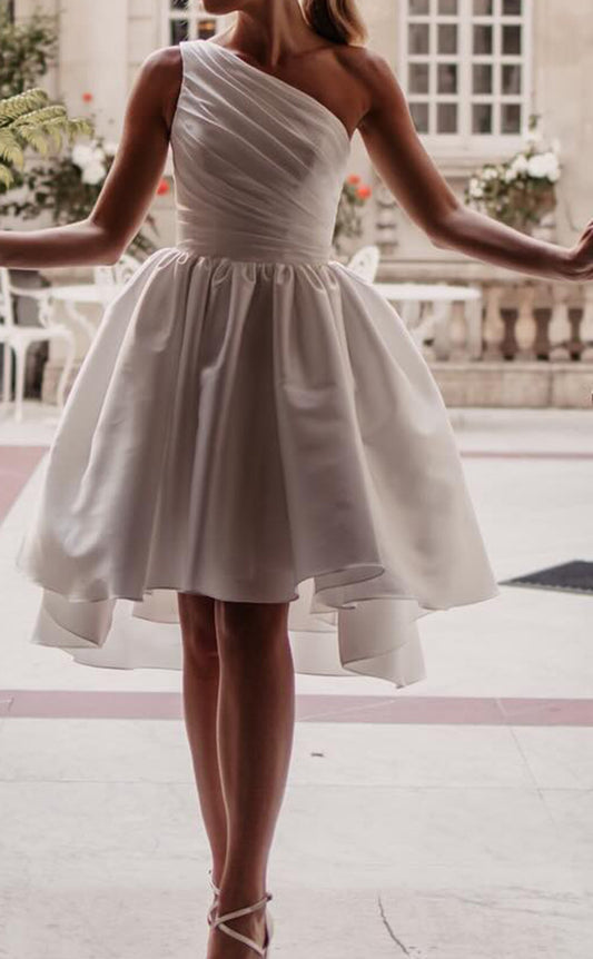 GW987 -  A-Line One Shoulder Sleeveless Pleated High Low Mini Wedding Dress