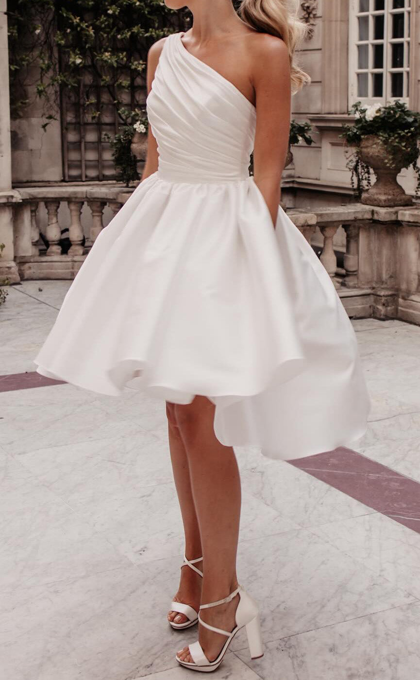 GW987 -  A-Line One Shoulder Sleeveless Pleated High Low Mini Wedding Dress