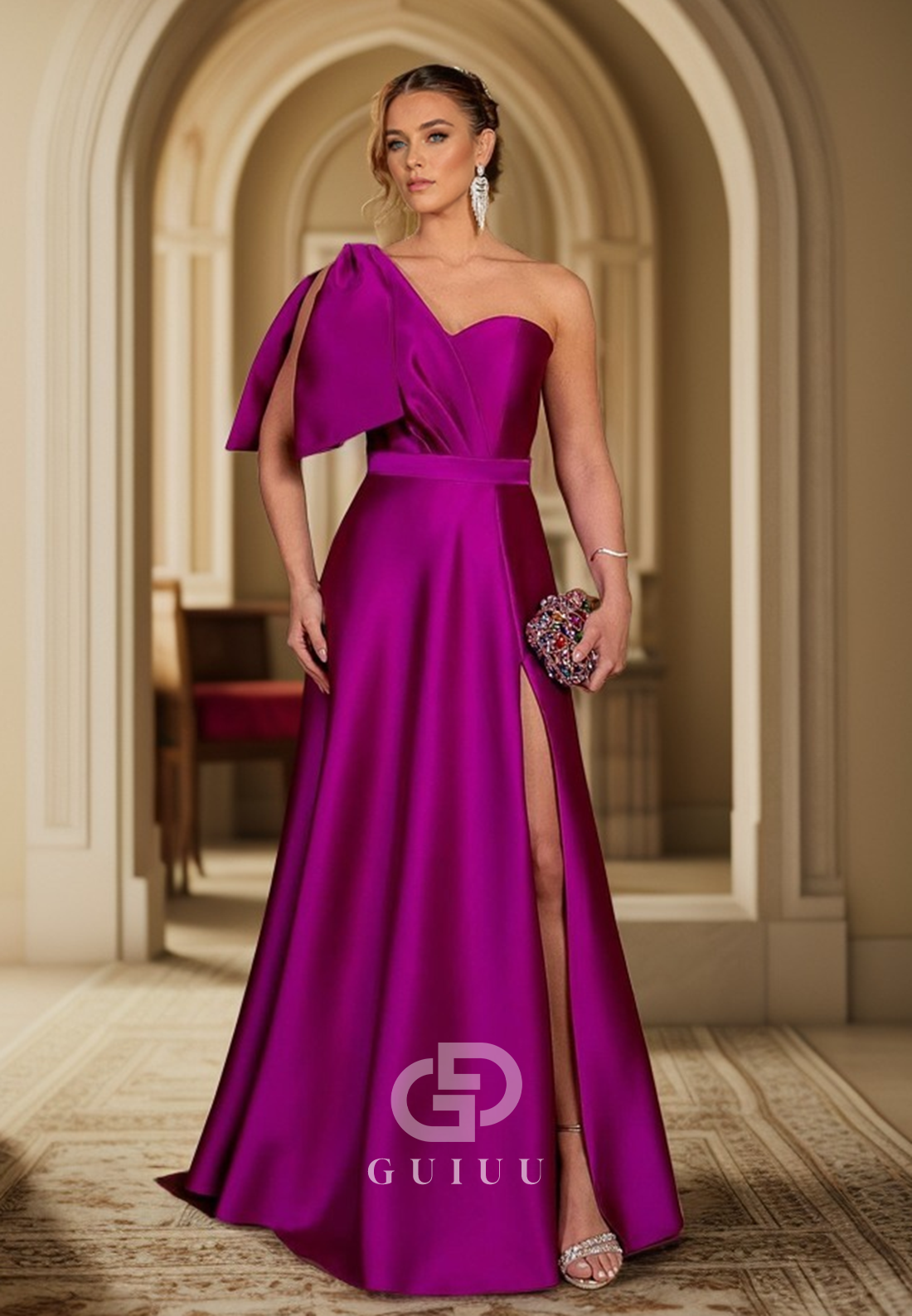 G4732 - A-Line One Shoulder Sleeveless Pleated Satin Long Prom Dress with Bow Knot and Slit