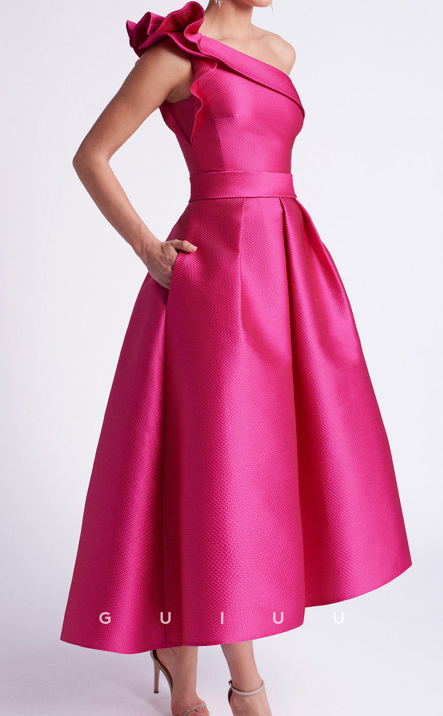 GM196 - A-Line One Shoulder Sleeveless Ruffles Tea Length Cocktail Dress Wedding Guest Dress