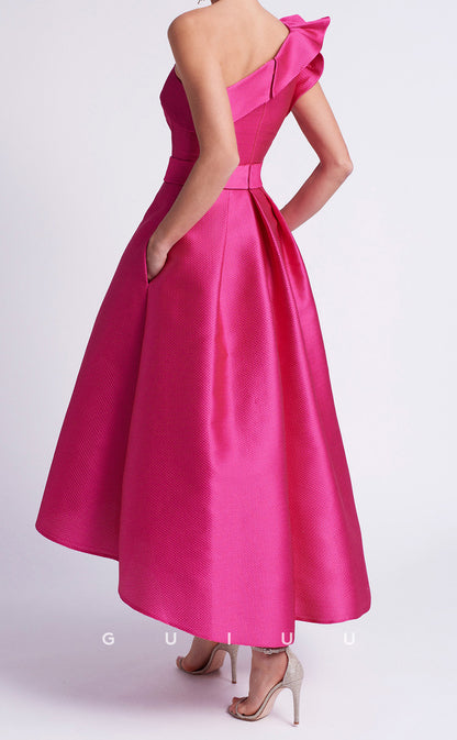 GM196 - A-Line One Shoulder Sleeveless Ruffles Tea Length Cocktail Dress Wedding Guest Dress