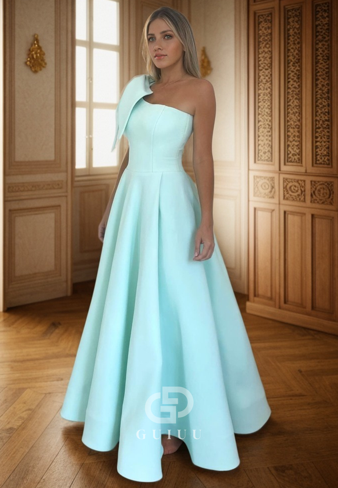 G4734 - A-Line One Shoulder Sleeveless Satin Long Prom Dress with Bow Knot