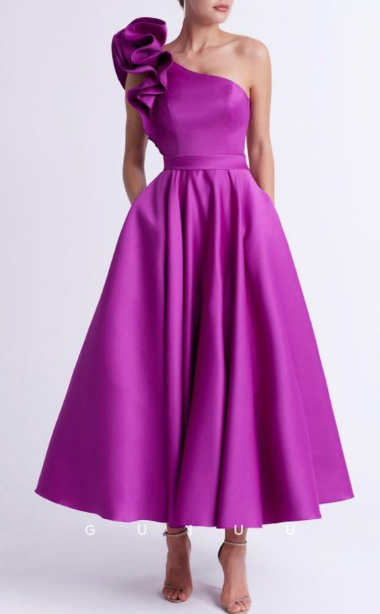 GM215 - A-Line One Shoulder Sleeveless Tea Length Cocktail Dress Wedding Guest Dress with Ruffles