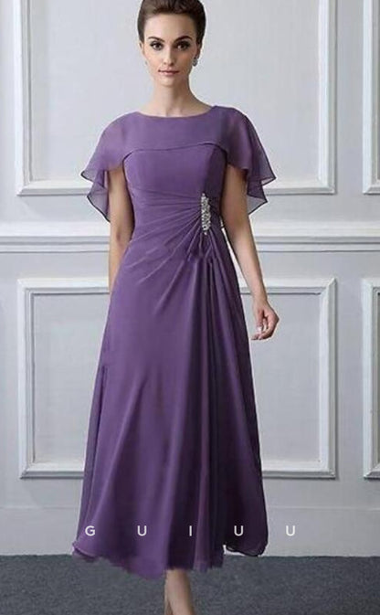 GM025 - A-Line Plus Size Neck Knee Length Chiffon Short Sleeves with Ruffles Mother of the Bride Dress