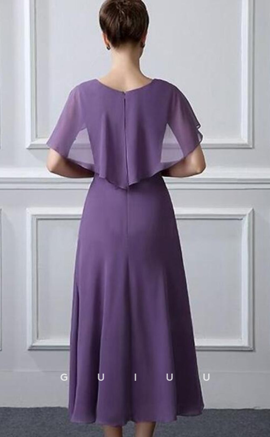 GM025 - A-Line Plus Size Neck Knee Length Chiffon Short Sleeves with Ruffles Mother of the Bride Dress