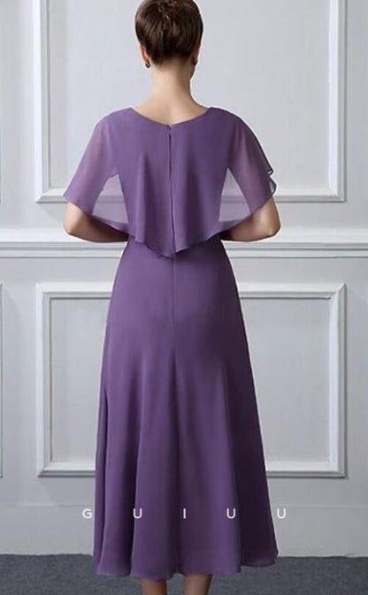 GM025 - A-Line Plus Size Neck Knee Length Chiffon Short Sleeves with Ruffles Mother of the Bride Dress