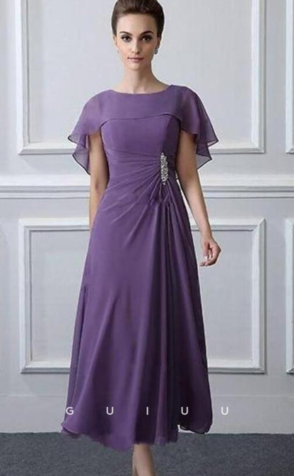 GM025 - A-Line Plus Size Neck Knee Length Chiffon Short Sleeves with Ruffles Mother of the Bride Dress